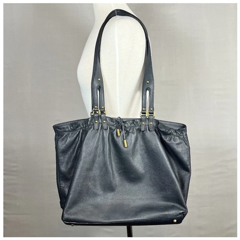 DKNY Karen Large Black Leather Drawstring Shoulder Tote Bag Gold‎ Hardware